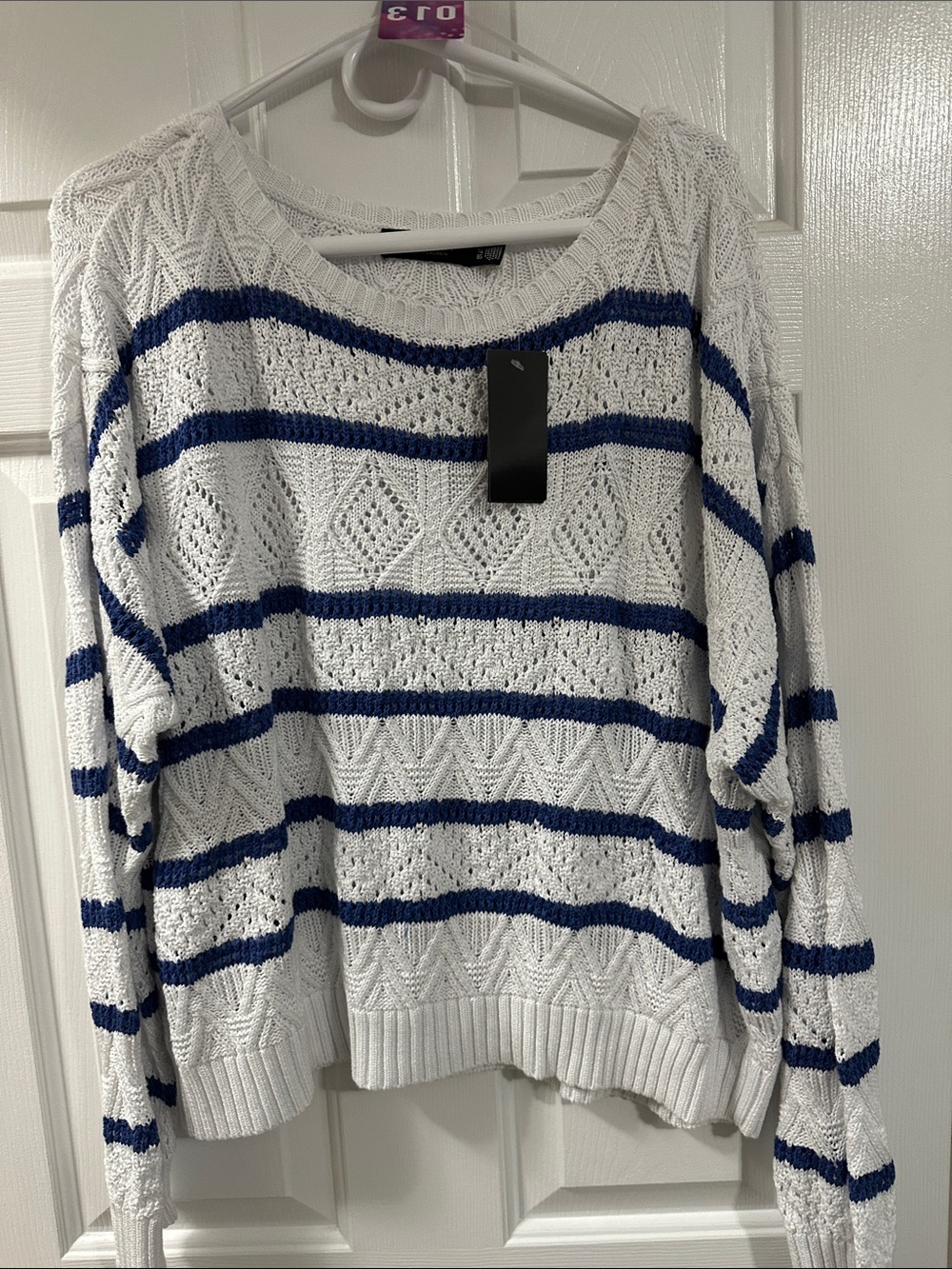 Ralph Lauren White Open-Knit Crewneck Sweater with Blue Stripes